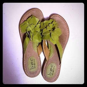Green leather flip flops